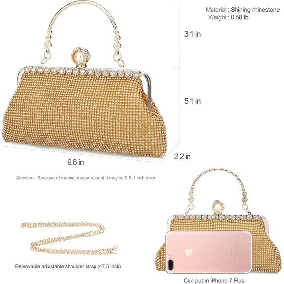 ⚡ Women's Evening Rhinestones Envelope Style Chain Strap Gold Clutch Handbag - Picture 7 of 7